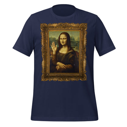 Product mockup photo of the Mona Lisa Waving T Shirt (unisex) Navy / M.