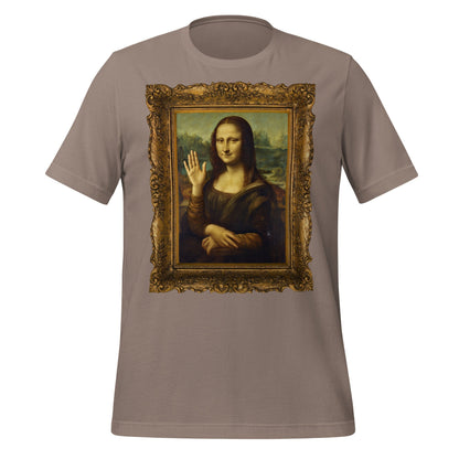Product mockup photo of the Mona Lisa Waving T Shirt (unisex) Pebble / M.