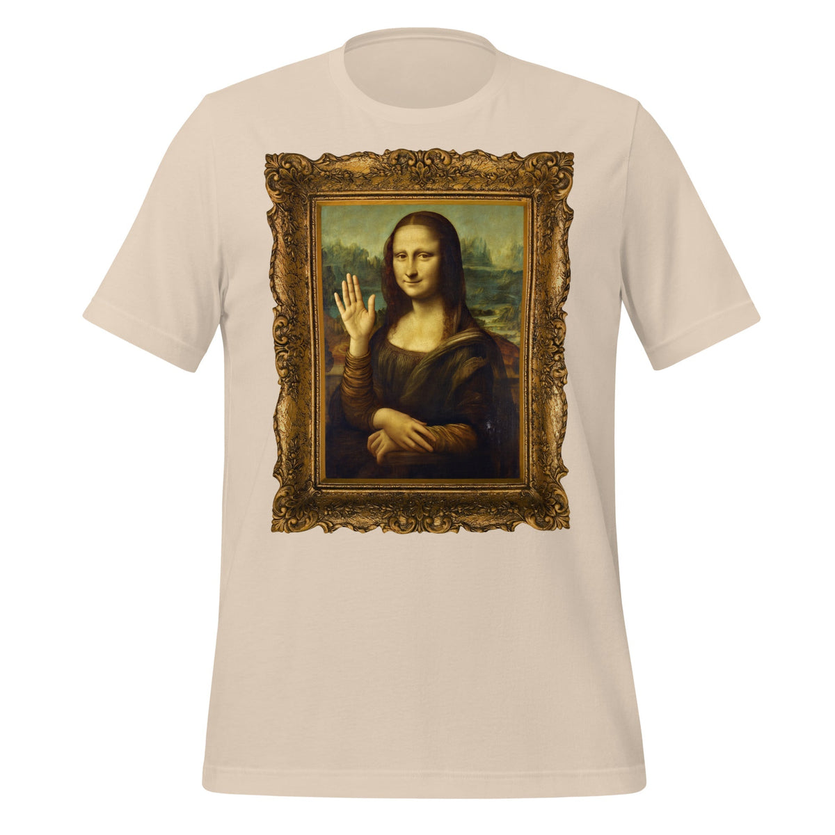 Product mockup photo of the Mona Lisa Waving T Shirt (unisex) Soft Cream / M.