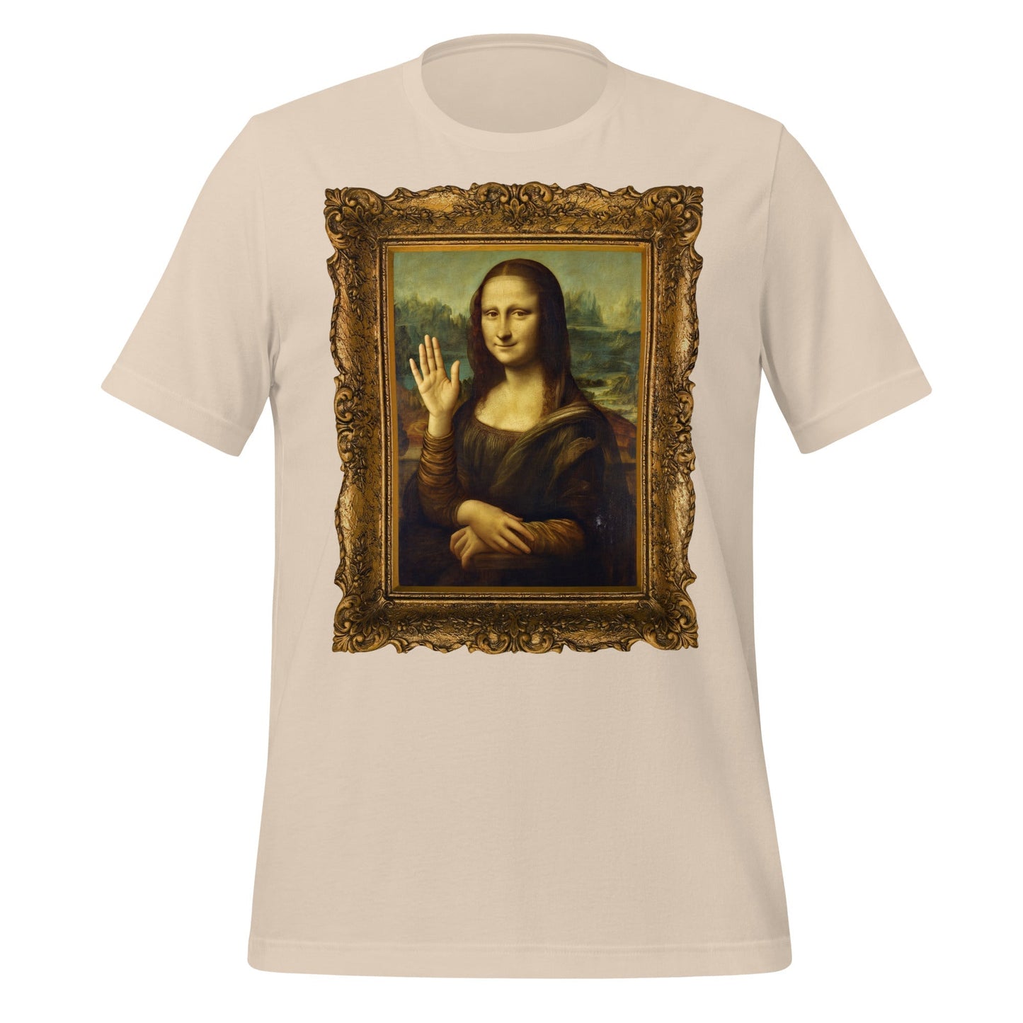 Product mockup photo of the Mona Lisa Waving T Shirt (unisex) Soft Cream / M.