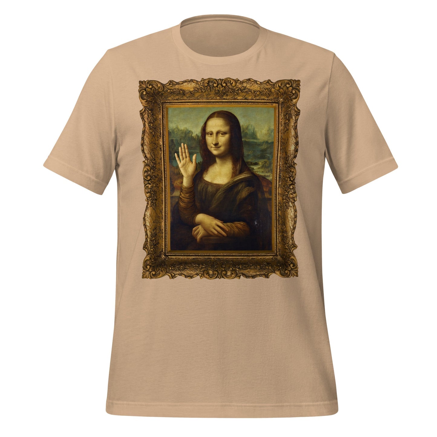 Product mockup photo of the Mona Lisa Waving T Shirt (unisex) Tan / M.