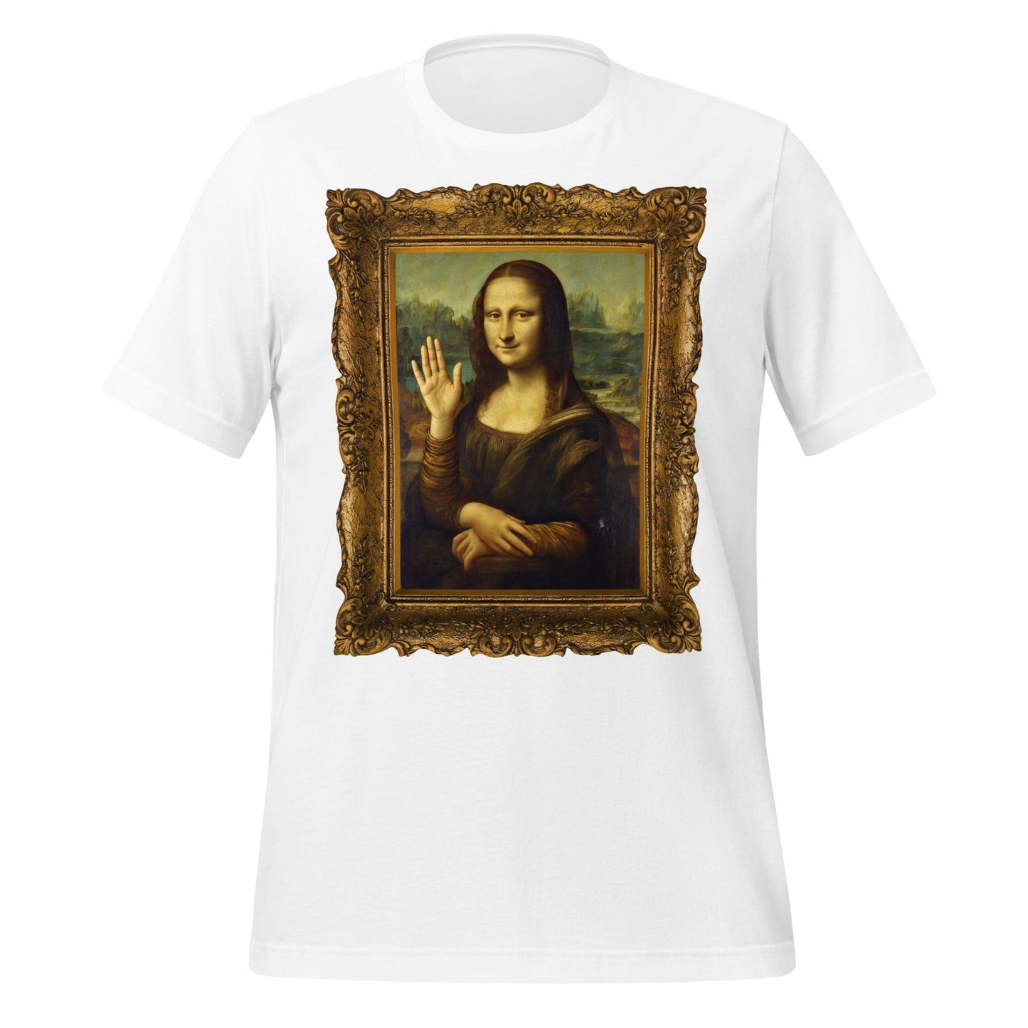 Product mockup photo of the Mona Lisa Waving T Shirt (unisex) White / M.