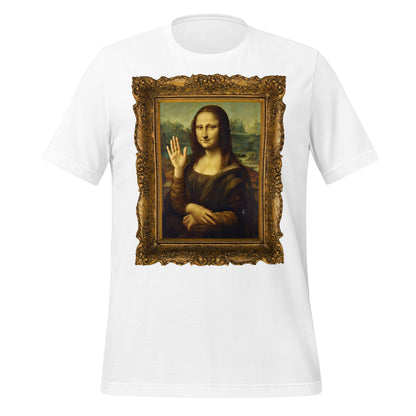 Product mockup photo of the Mona Lisa Waving T Shirt (unisex) White / M.