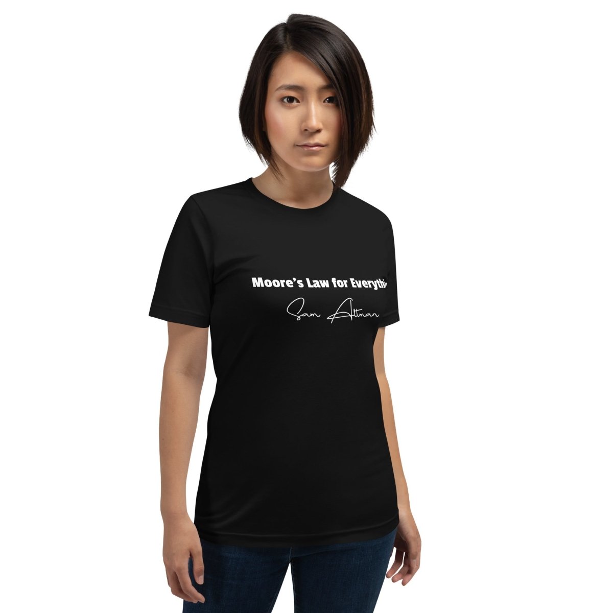 Product mockup photo of the Moore’s Law for Everything [Sam Altman] T Shirt (unisex).