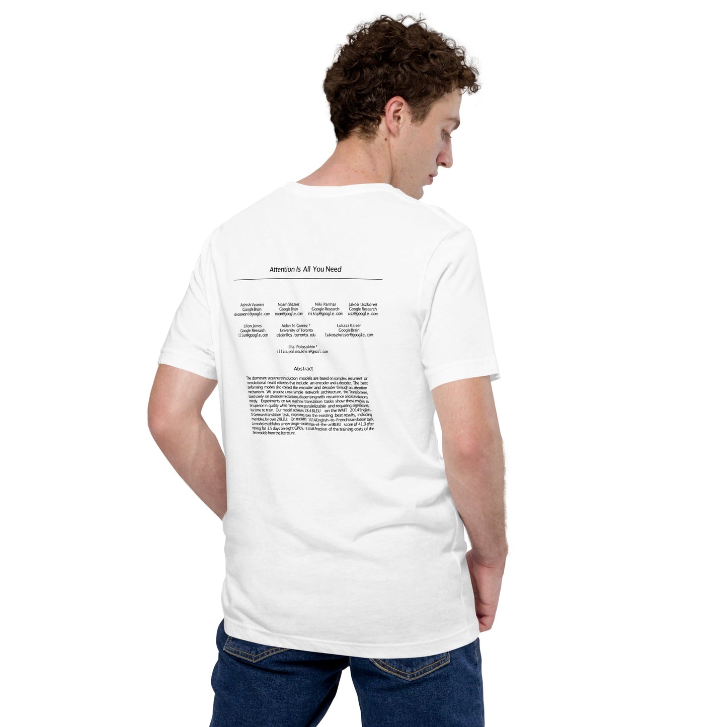Product mockup photo of the NIPS 2017 Attention is All You Need Paper on Back T-Shirt (unisex).