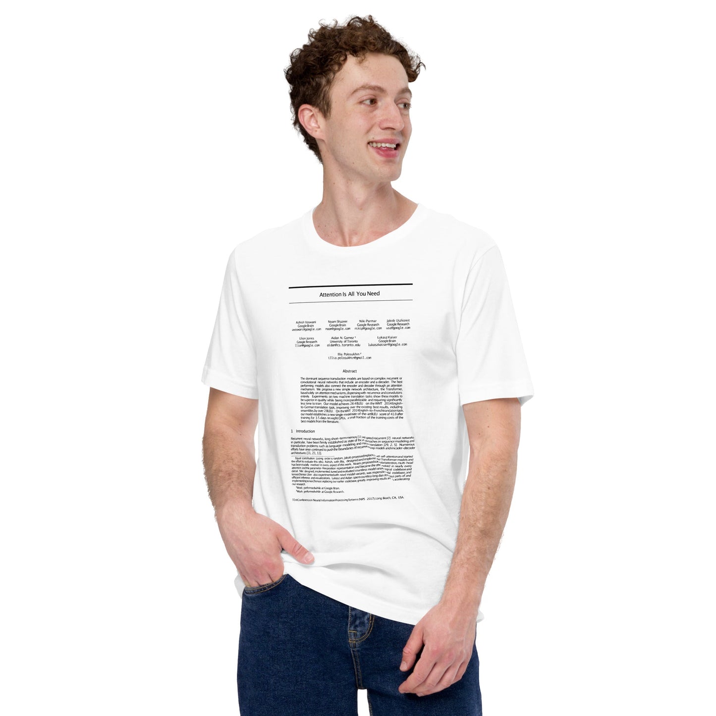 Product mockup photo of the NIPS 2017 Attention is All You Need Paper T Shirt (unisex).