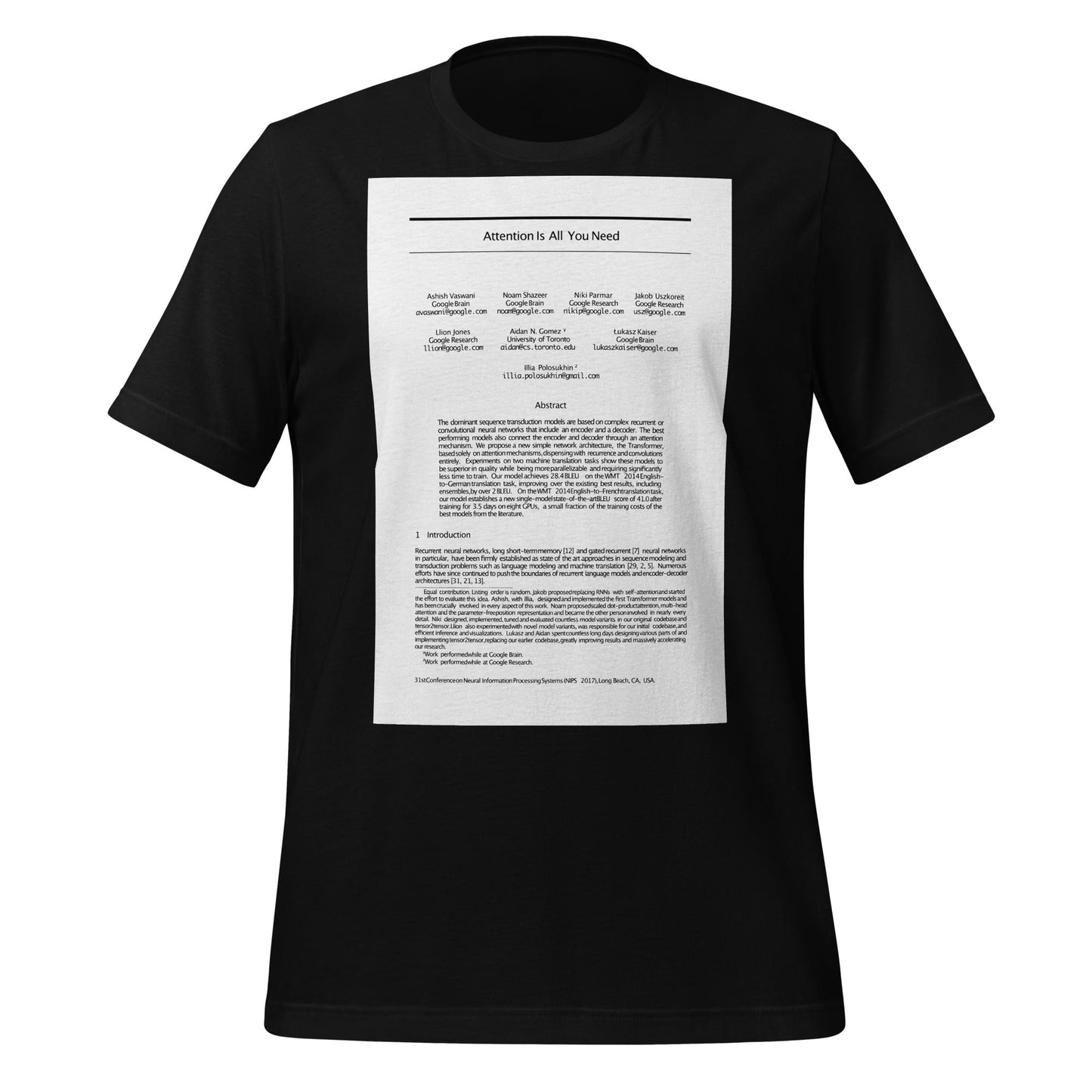 Product mockup photo of the NIPS 2017 Attention is All You Need Paper T Shirt (unisex) Black / M.
