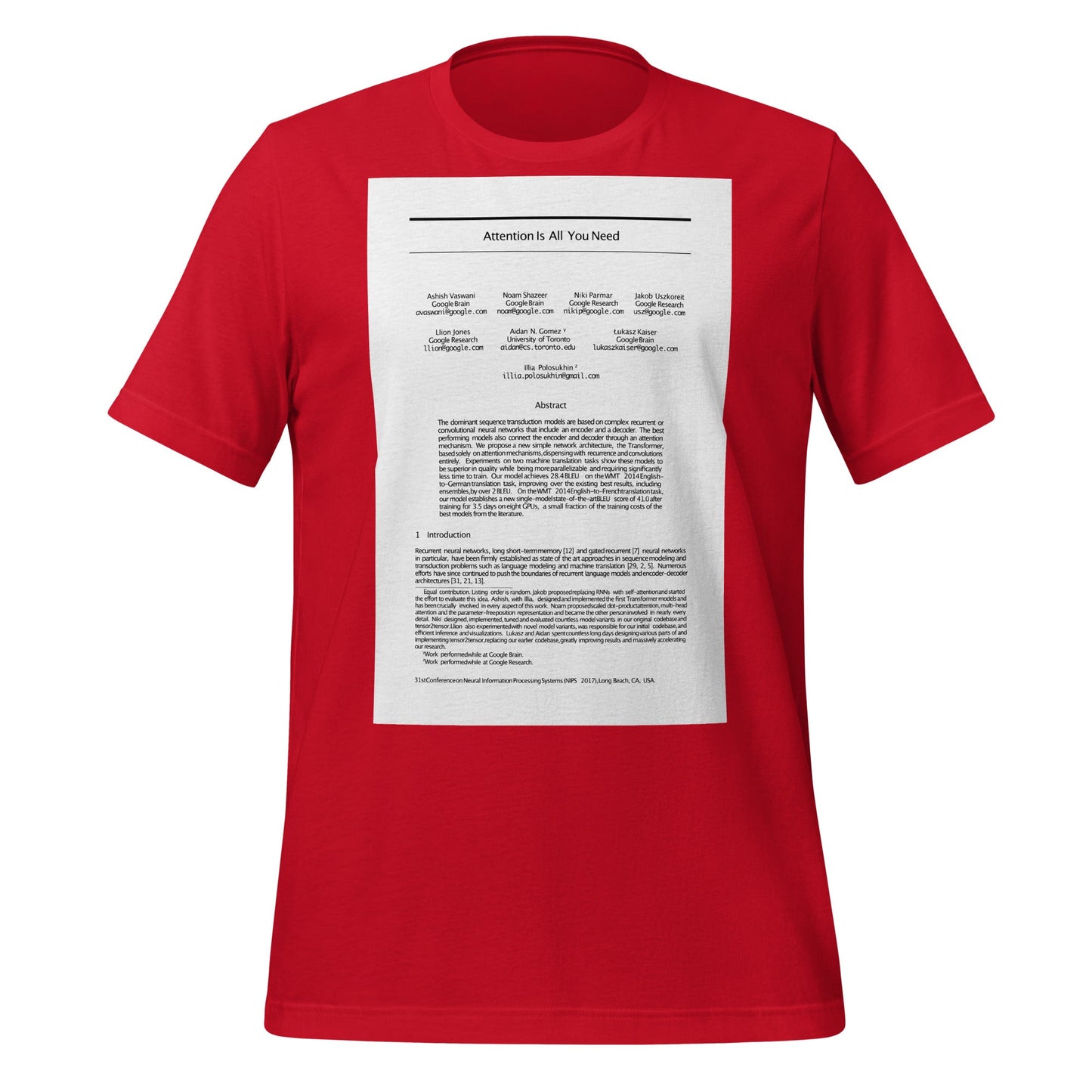 Product mockup photo of the NIPS 2017 Attention is All You Need Paper T Shirt (unisex) Red / M.