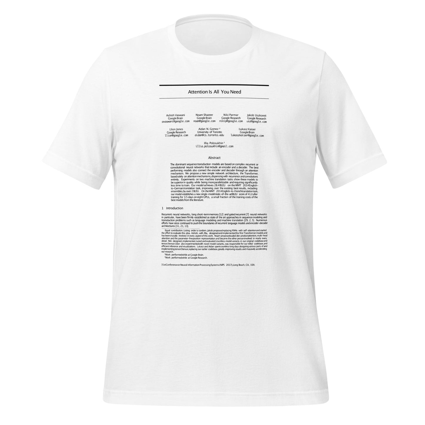 Product mockup photo of the NIPS 2017 Attention is All You Need Paper T Shirt (unisex) White / M.