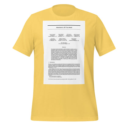 Product mockup photo of the NIPS 2017 Attention is All You Need Paper T Shirt (unisex) Yellow / M.