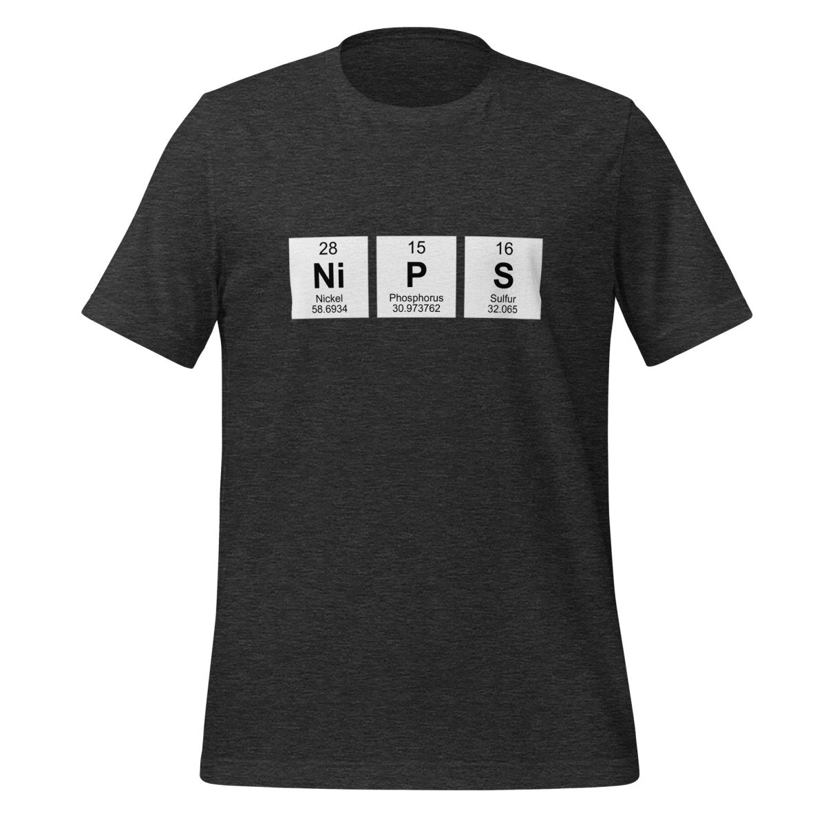 Product mockup photo of the NIPS Chemical Elements T Shirt (unisex) Dark Grey Heather / M.