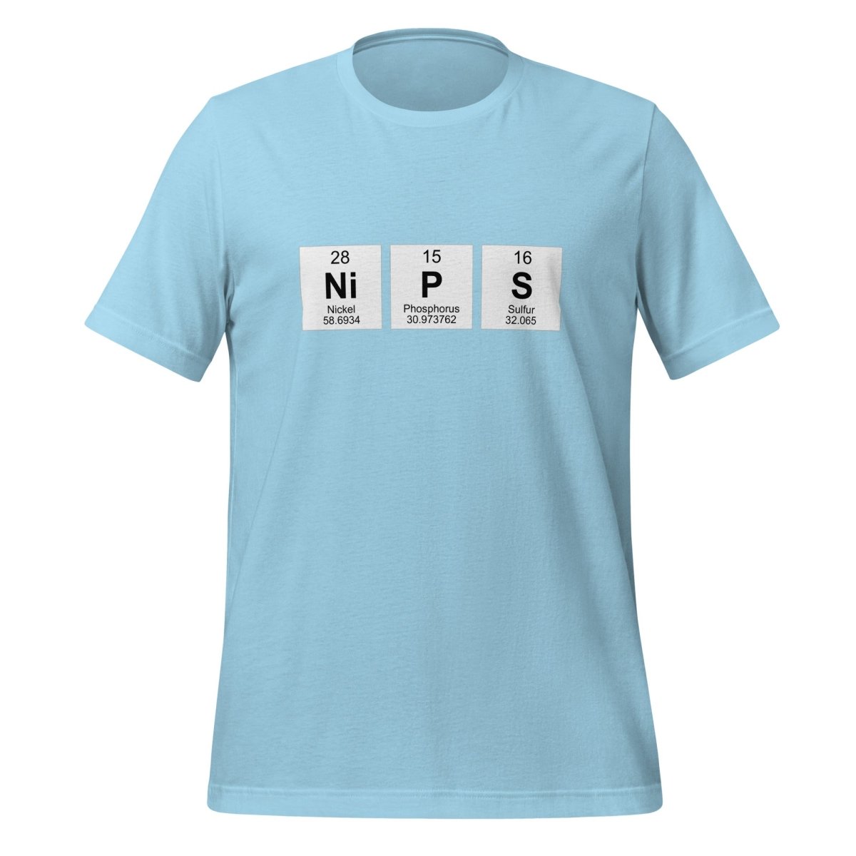 Product mockup photo of the NIPS Chemical Elements T Shirt (unisex) Ocean Blue / M.