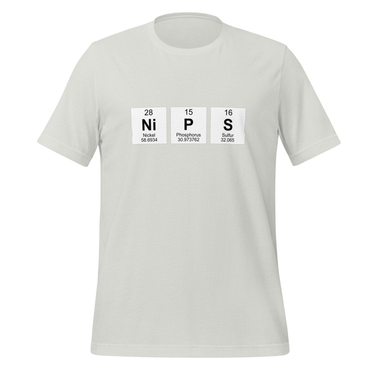 Product mockup photo of the NIPS Chemical Elements T Shirt (unisex) Silver / M.