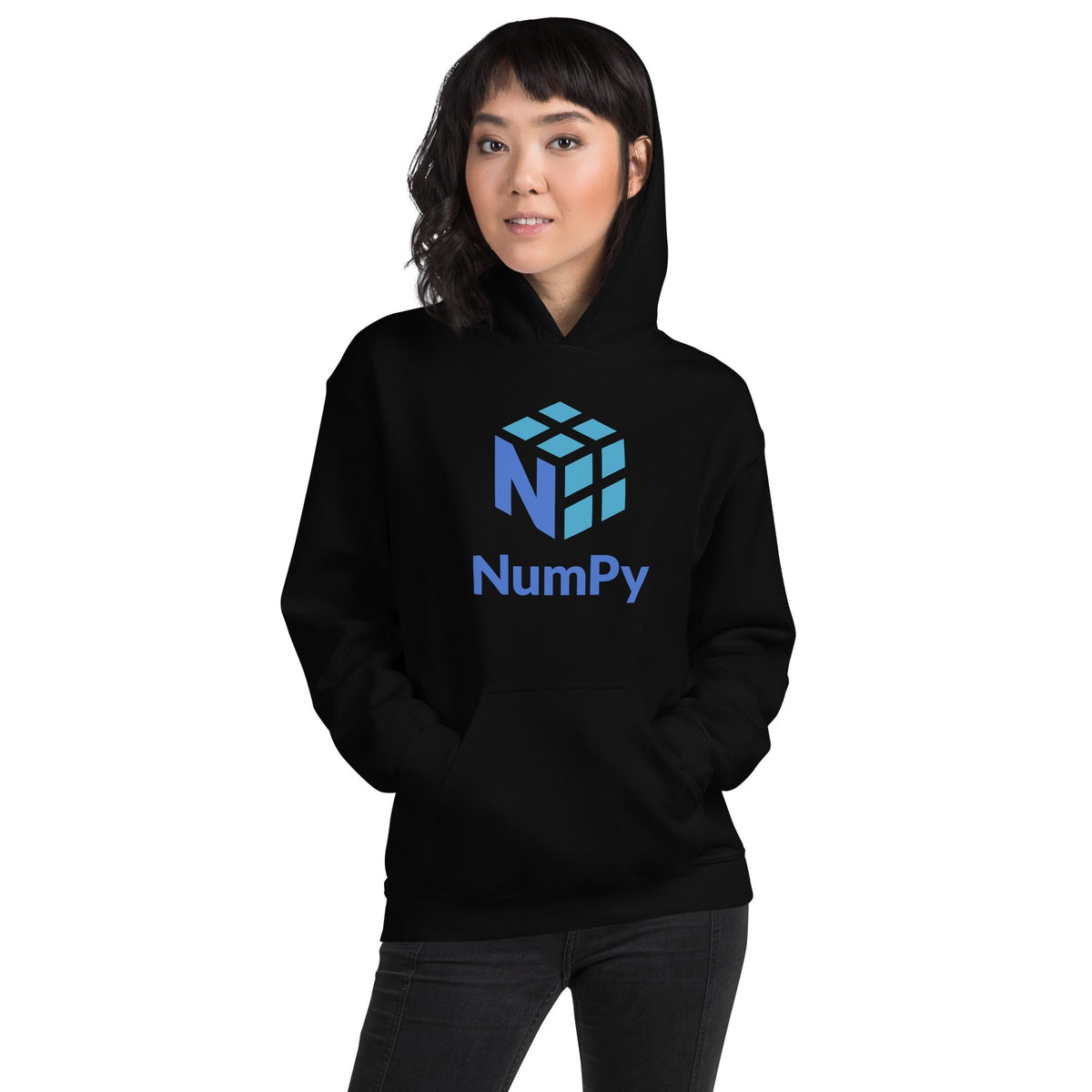 Product mockup photo of the NumPy Stacked Logo Hoodie (unisex).