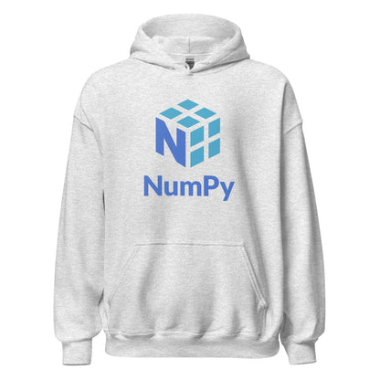 Product mockup photo of the NumPy Stacked Logo Hoodie (unisex) Ash / M.
