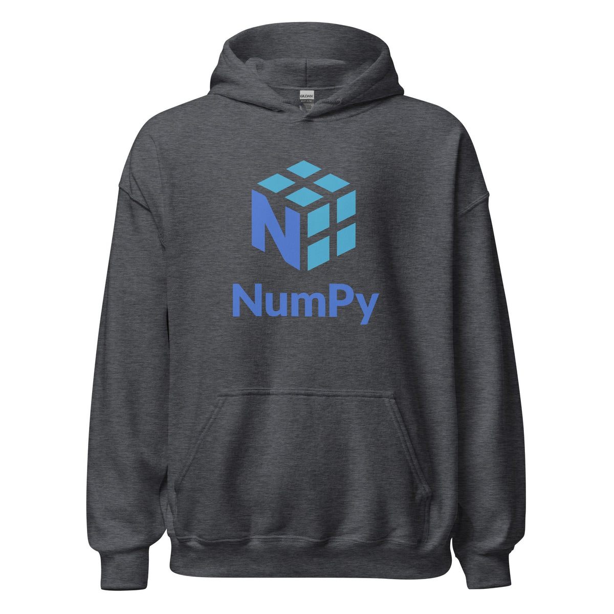 Product mockup photo of the NumPy Stacked Logo Hoodie (unisex) Dark Heather / M.