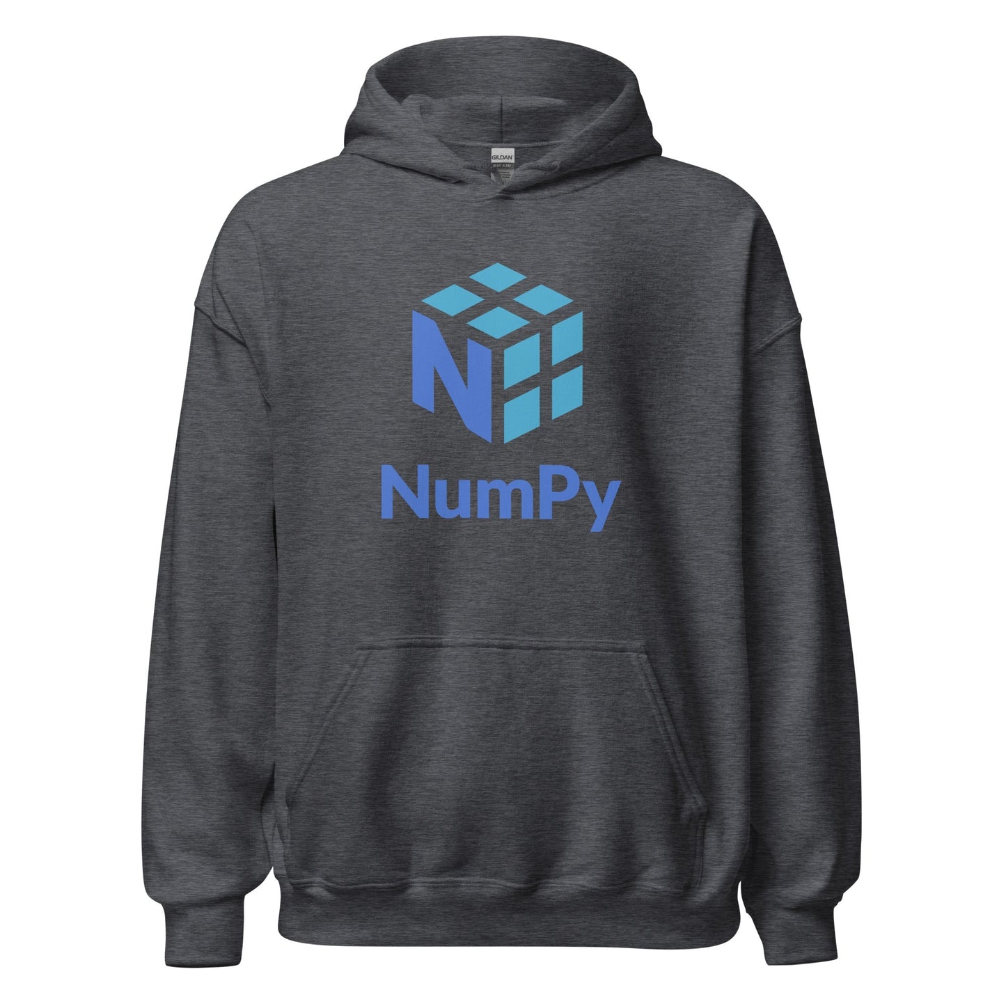 Product mockup photo of the NumPy Stacked Logo Hoodie (unisex) Dark Heather / M.