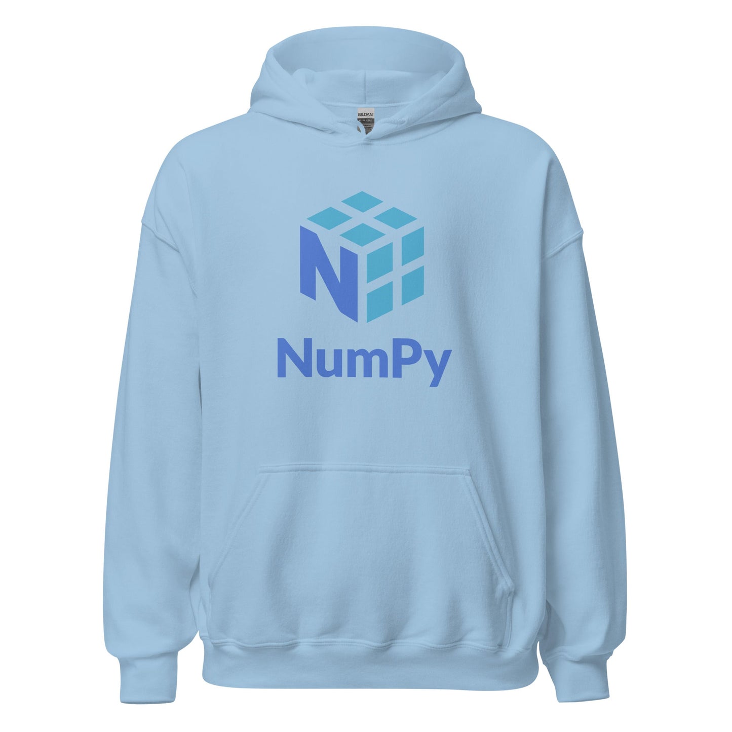 Product mockup photo of the NumPy Stacked Logo Hoodie (unisex) Light Blue / M.