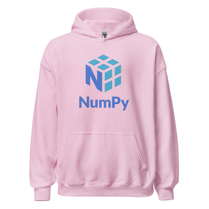 Product mockup photo of the NumPy Stacked Logo Hoodie (unisex) Light Pink / M.