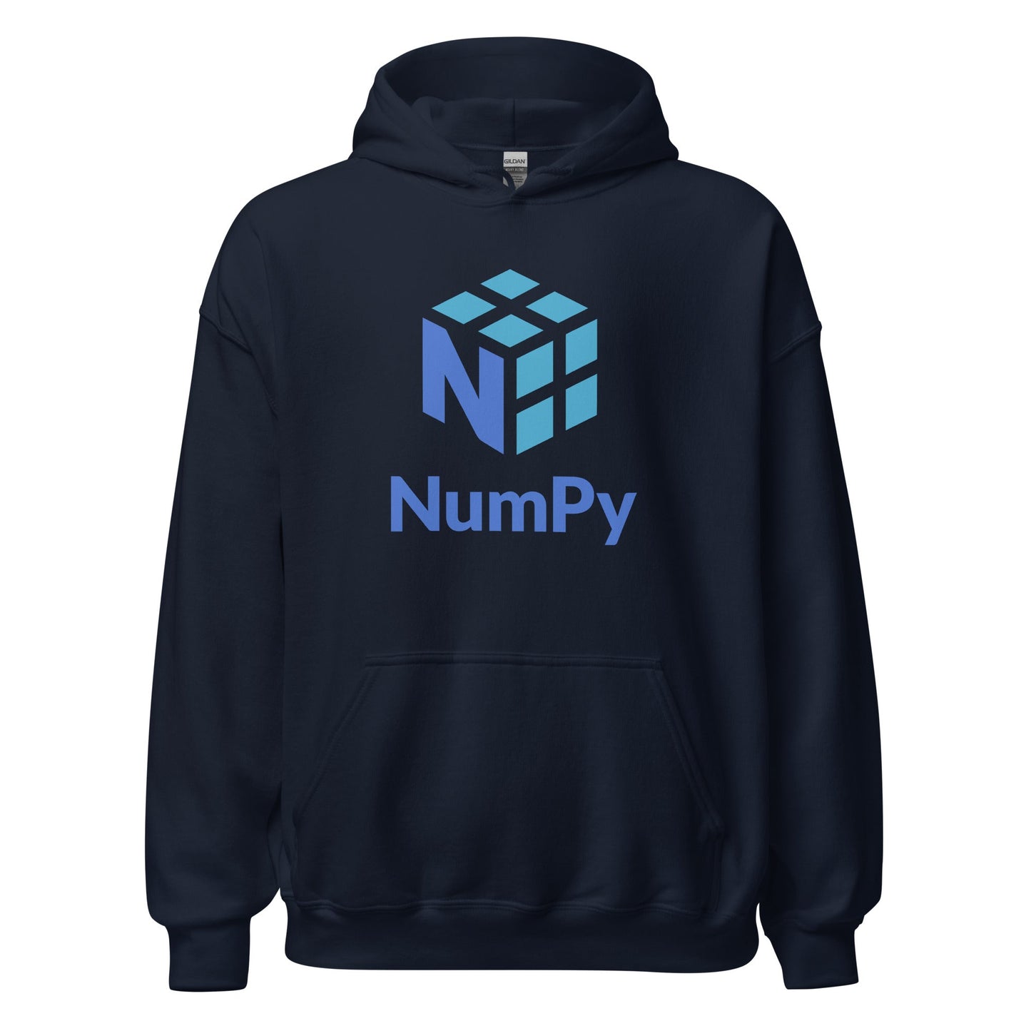 Product mockup photo of the NumPy Stacked Logo Hoodie (unisex) Navy / M.
