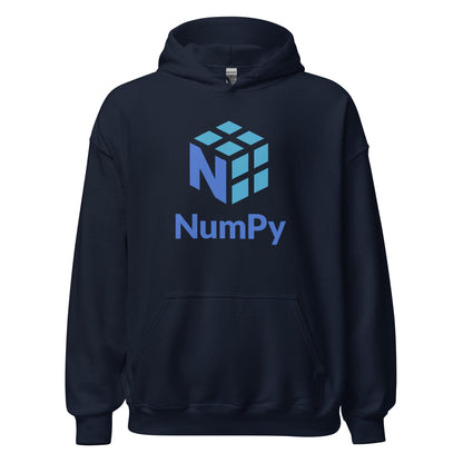Product mockup photo of the NumPy Stacked Logo Hoodie (unisex) Navy / M.