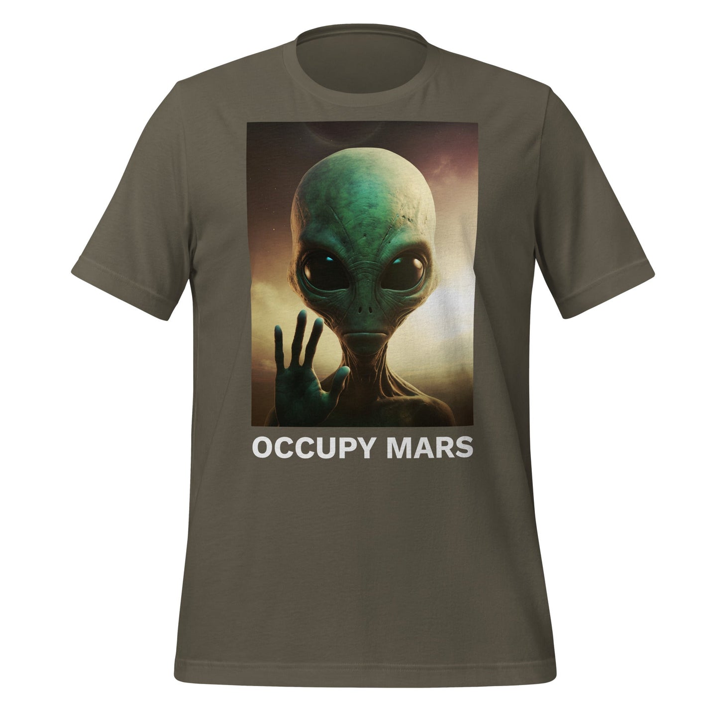 Product mockup photo of the Occupy Mars T Shirt 2 (unisex) Army / M.