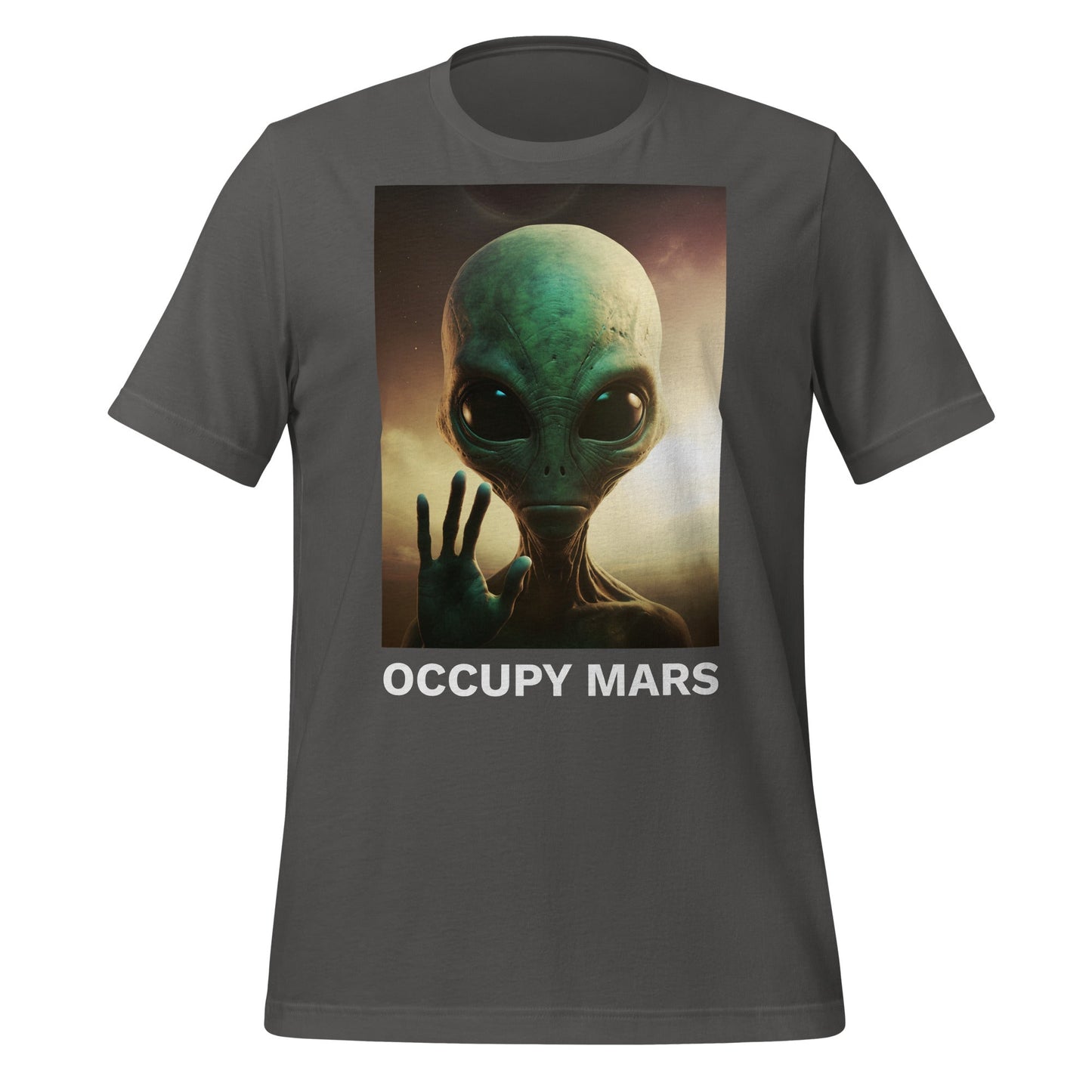 Product mockup photo of the Occupy Mars T Shirt 2 (unisex) Asphalt / M.