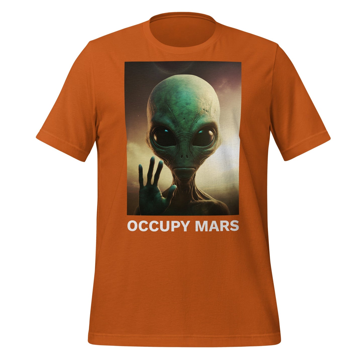 Product mockup photo of the Occupy Mars T Shirt 2 (unisex) Autumn / M.