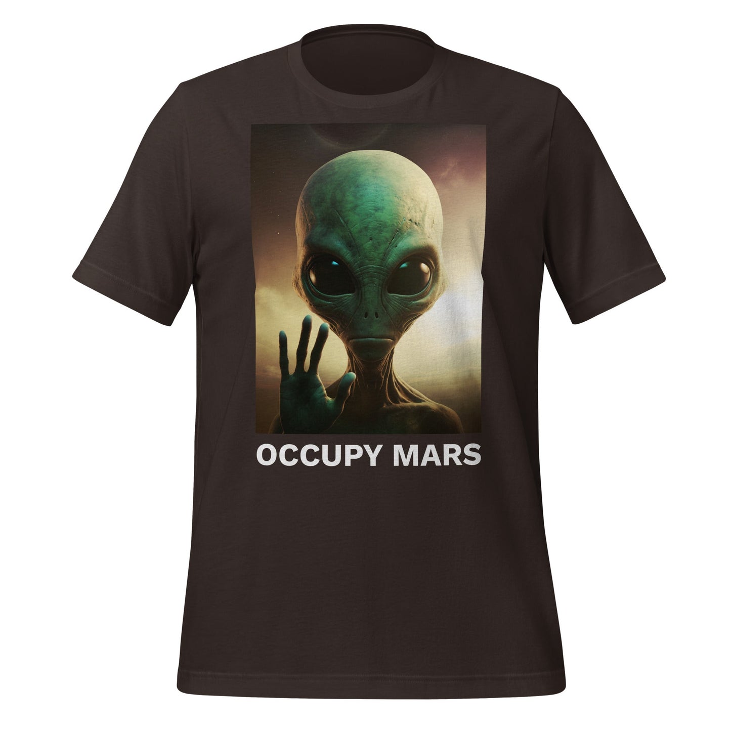 Product mockup photo of the Occupy Mars T Shirt 2 (unisex) Brown / M.