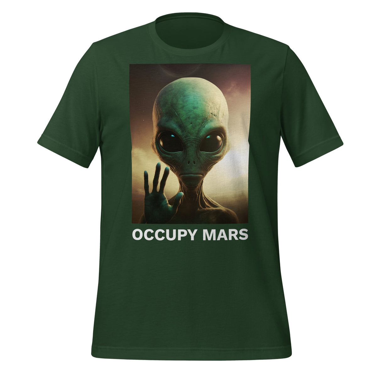 Product mockup photo of the Occupy Mars T Shirt 2 (unisex) Forest / M.