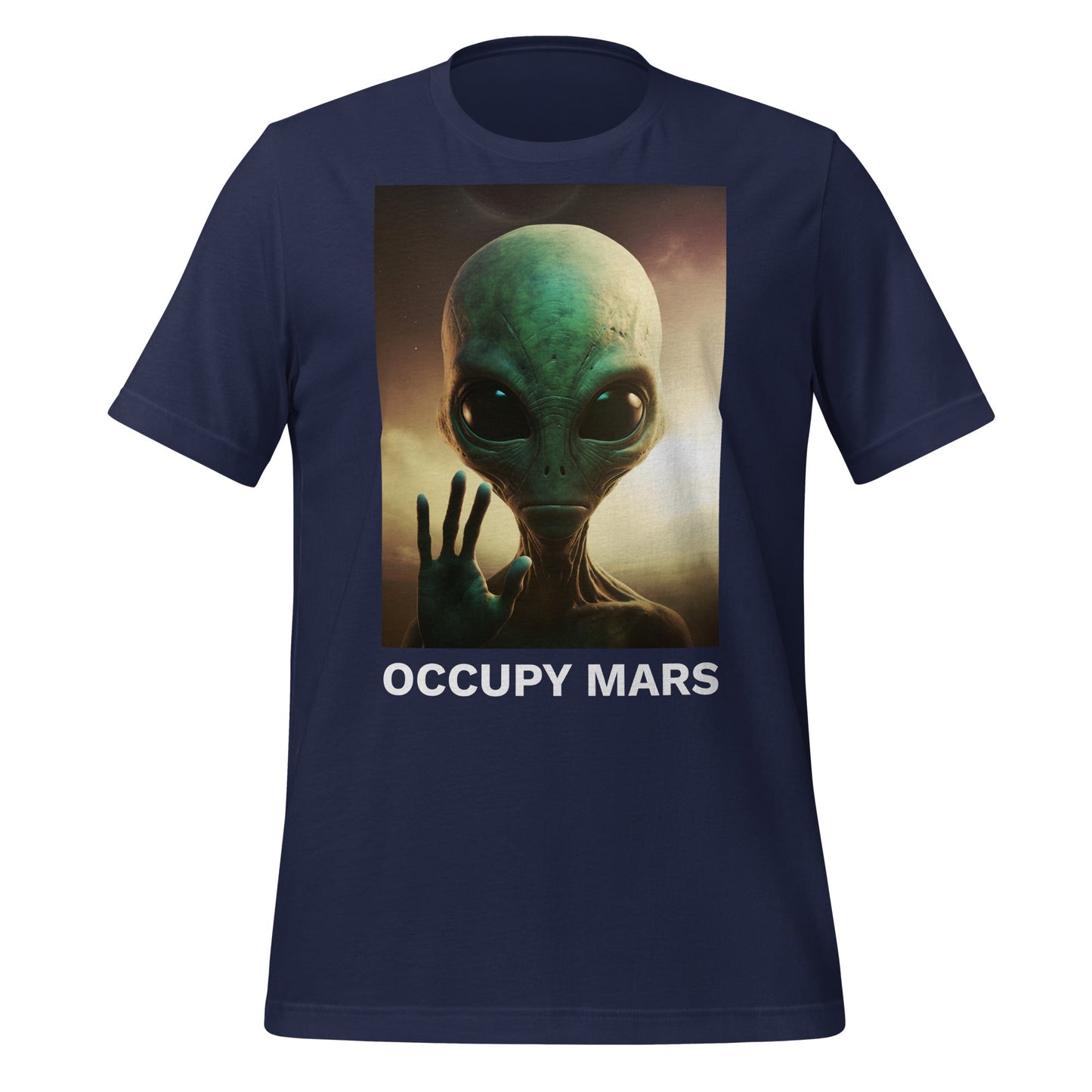 Product mockup photo of the Occupy Mars T Shirt 2 (unisex) Navy / M.