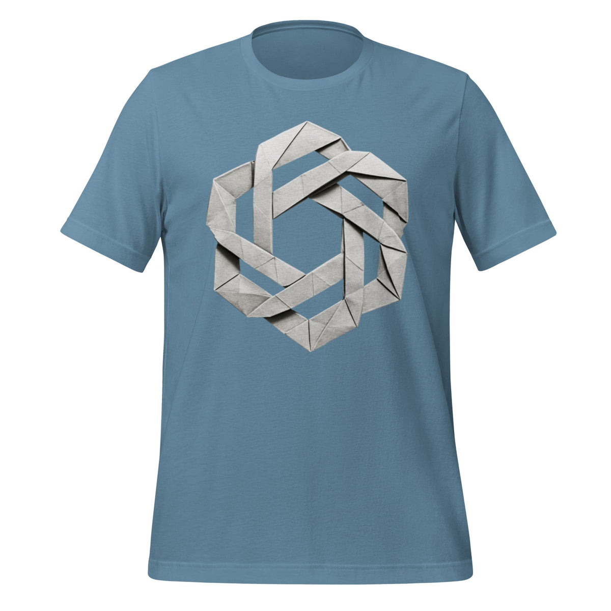 Product mockup photo of the OpenAI Origami T Shirt (unisex) Steel Blue / M.