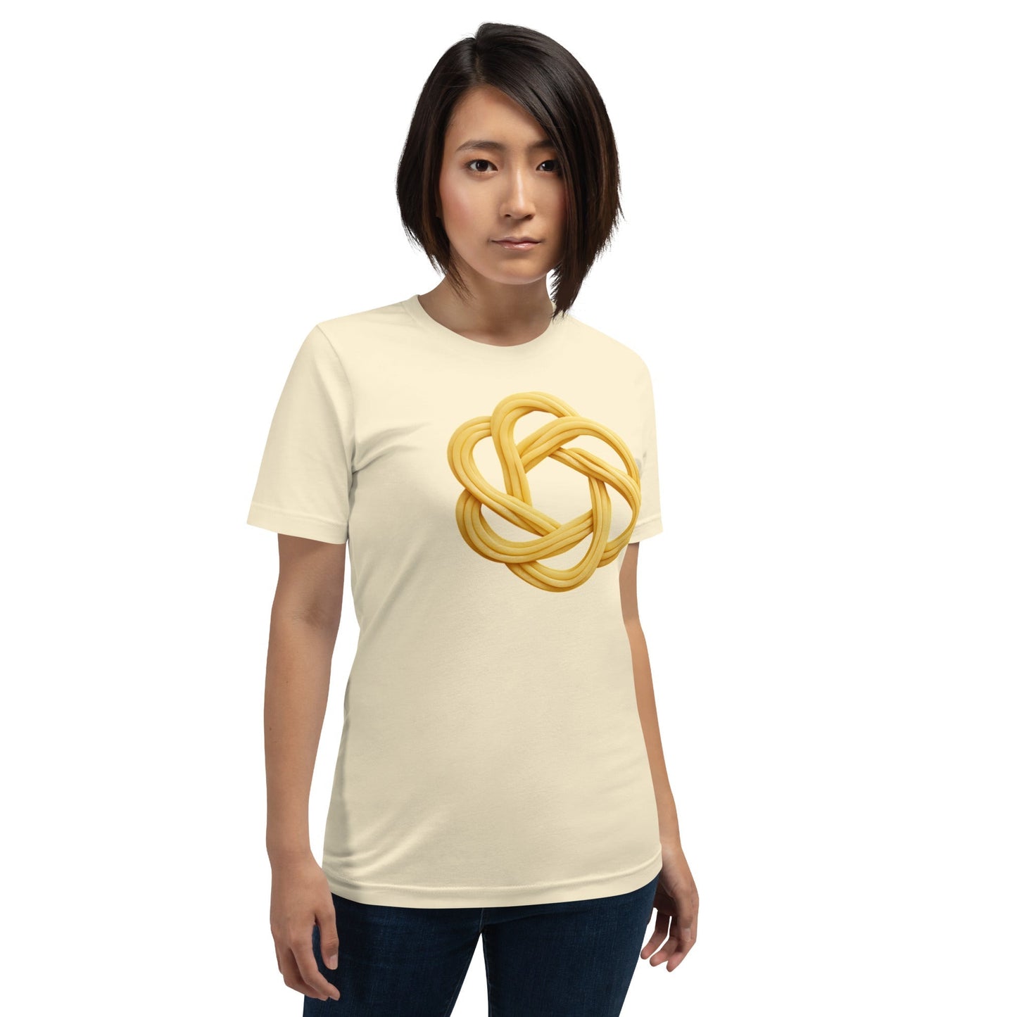 Product mockup photo of the OpenAI Spaghetti T-Shirt (unisex).