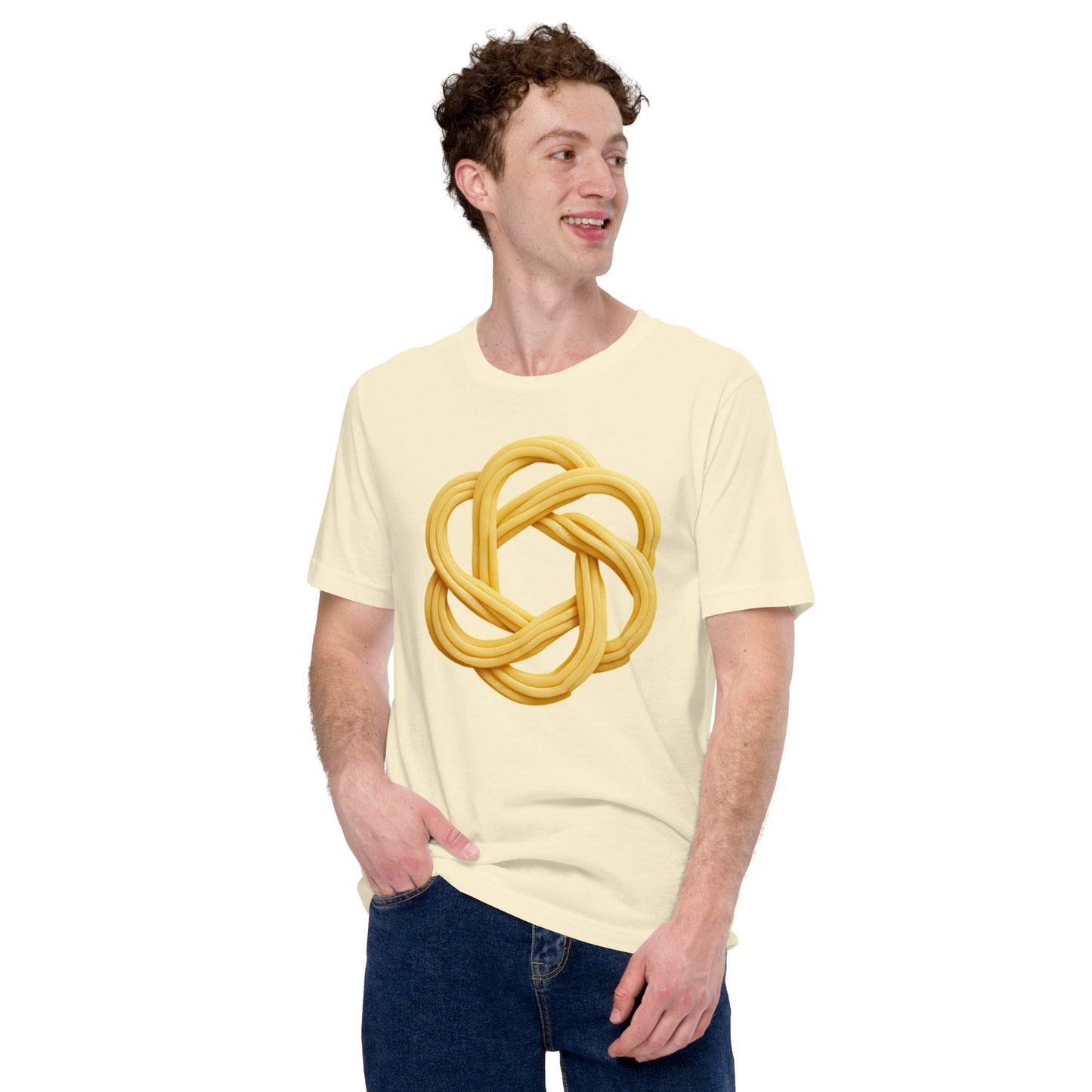 Product mockup photo of the OpenAI Spaghetti T-Shirt (unisex).