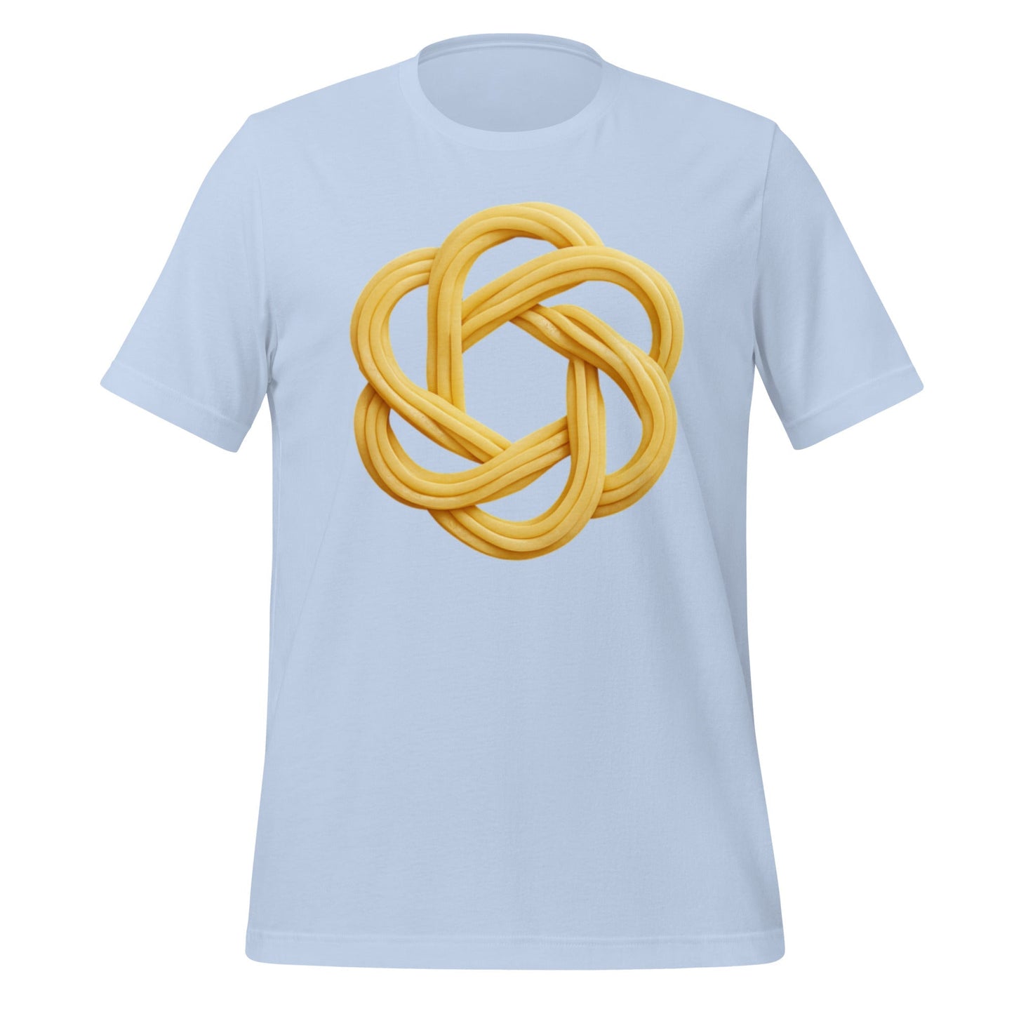 Product mockup photo of the OpenAI Spaghetti T-Shirt (unisex) Baby Blue / M.