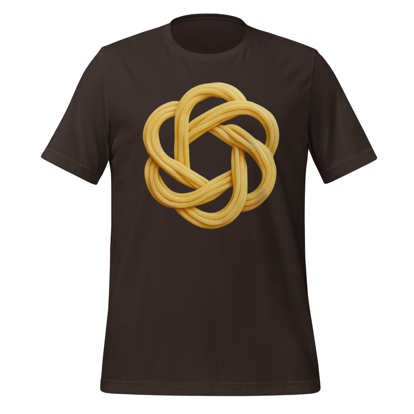 Product mockup photo of the OpenAI Spaghetti T-Shirt (unisex) Brown / M.