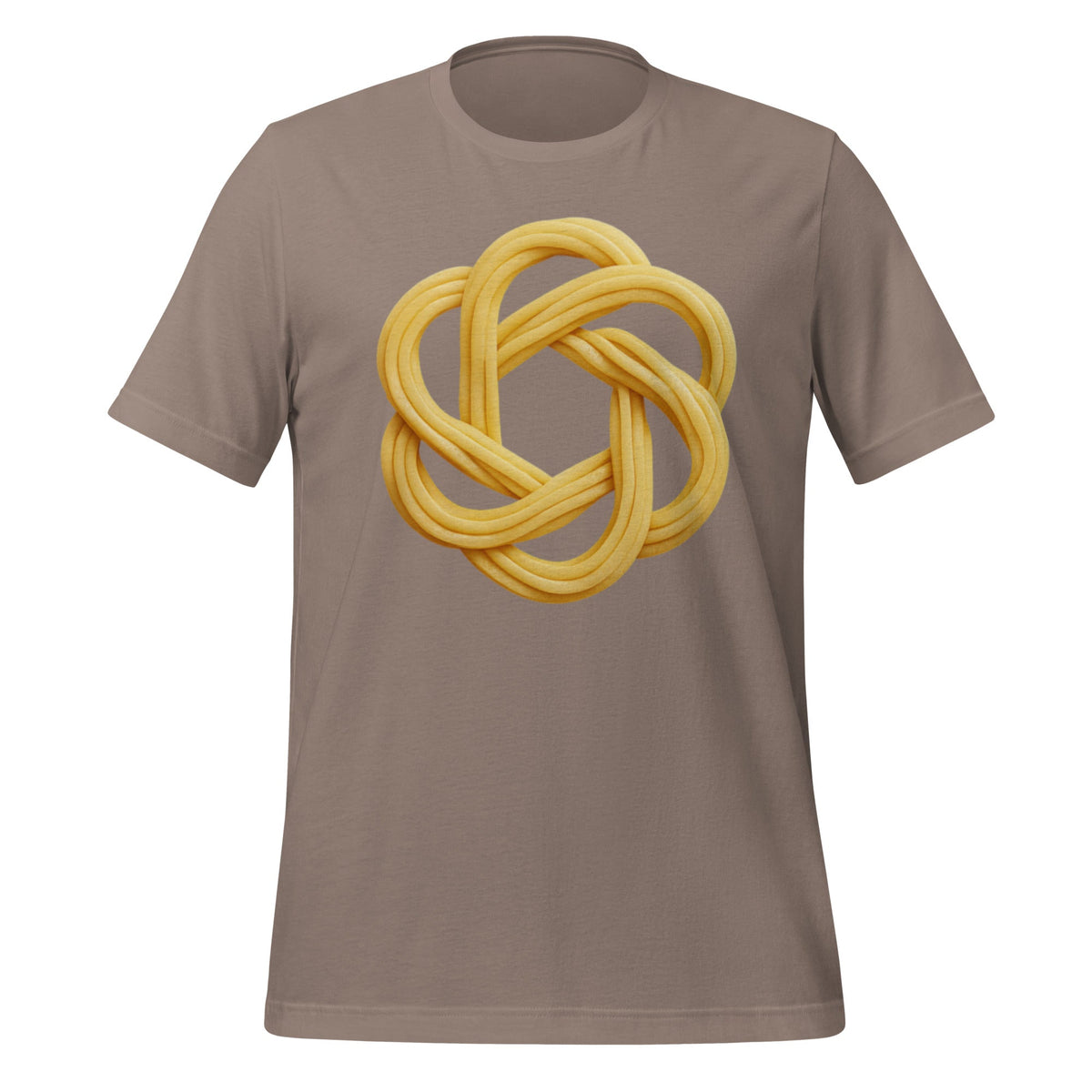 Product mockup photo of the OpenAI Spaghetti T-Shirt (unisex) Pebble / M.