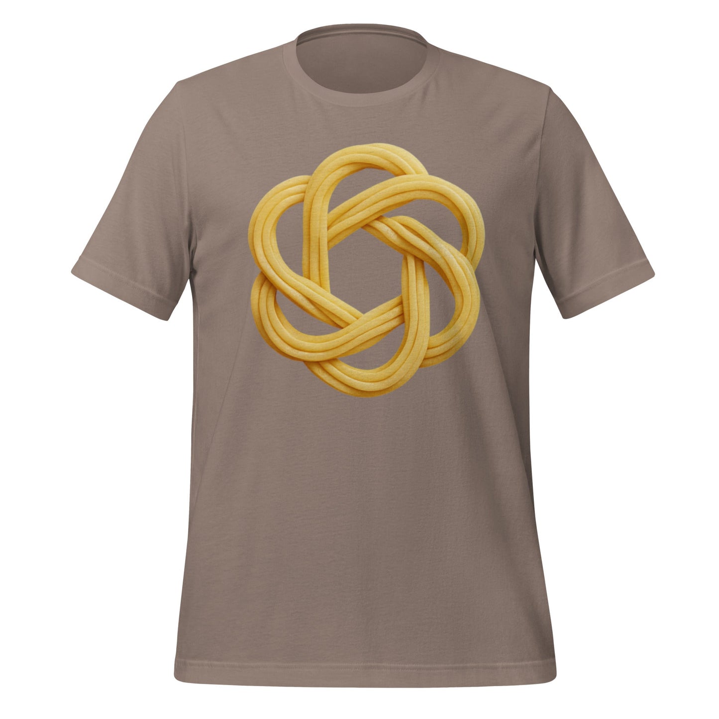 Product mockup photo of the OpenAI Spaghetti T-Shirt (unisex) Pebble / M.