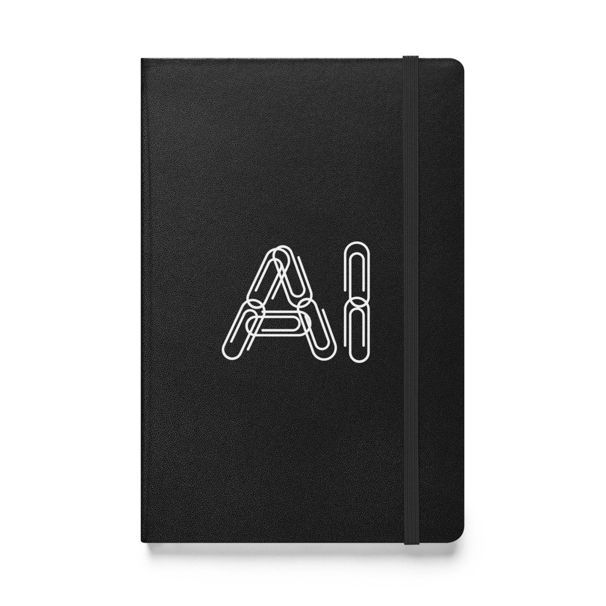 Product mockup photo of the Paper Clips AI Hardcover Bound Notebook Black.