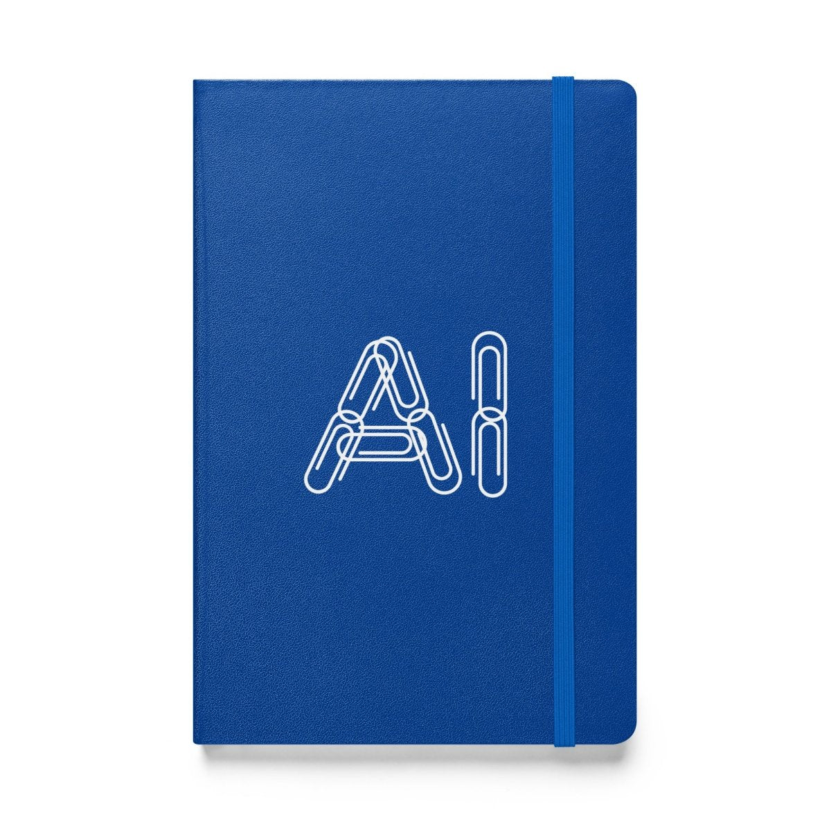 Product mockup photo of the Paper Clips AI Hardcover Bound Notebook Blue.