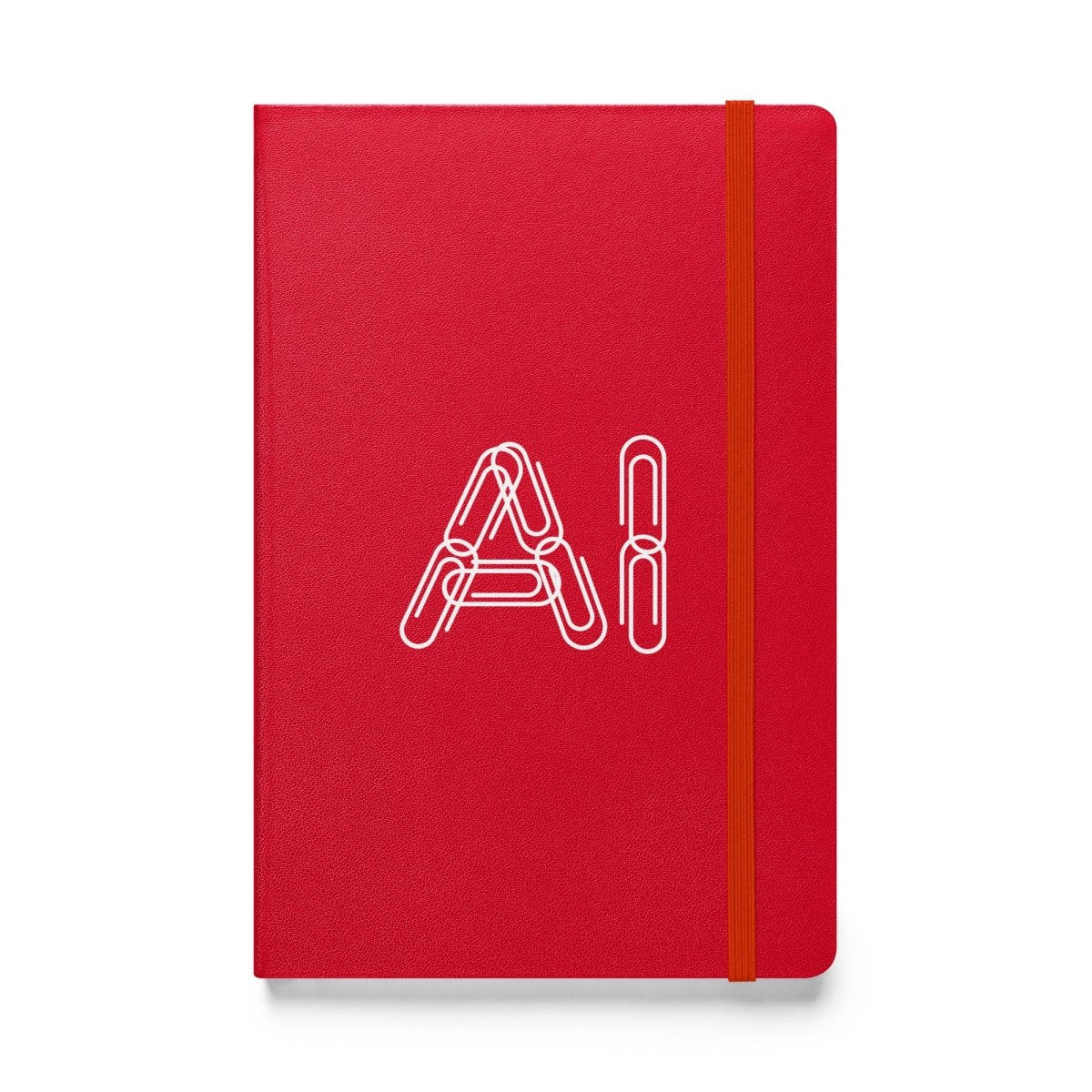 Product mockup photo of the Paper Clips AI Hardcover Bound Notebook Red.