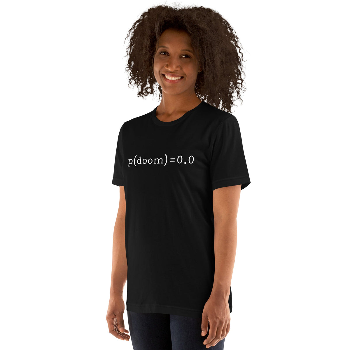 Product mockup photo of the p(doom) = 0.0 T Shirt (unisex).