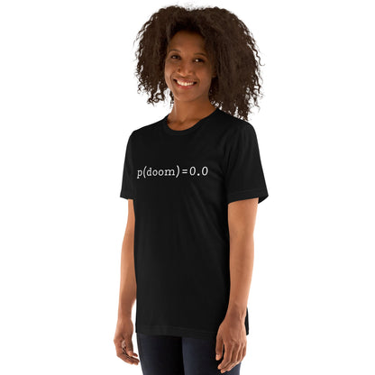 Product mockup photo of the p(doom) = 0.0 T Shirt (unisex).