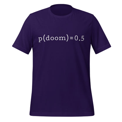 Product mockup photo of the p(doom) = 0.5 T Shirt (unisex) Team Purple / M.