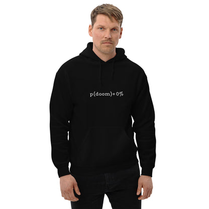 Product mockup photo of the p(doom) = 0% Hoodie (unisex).
