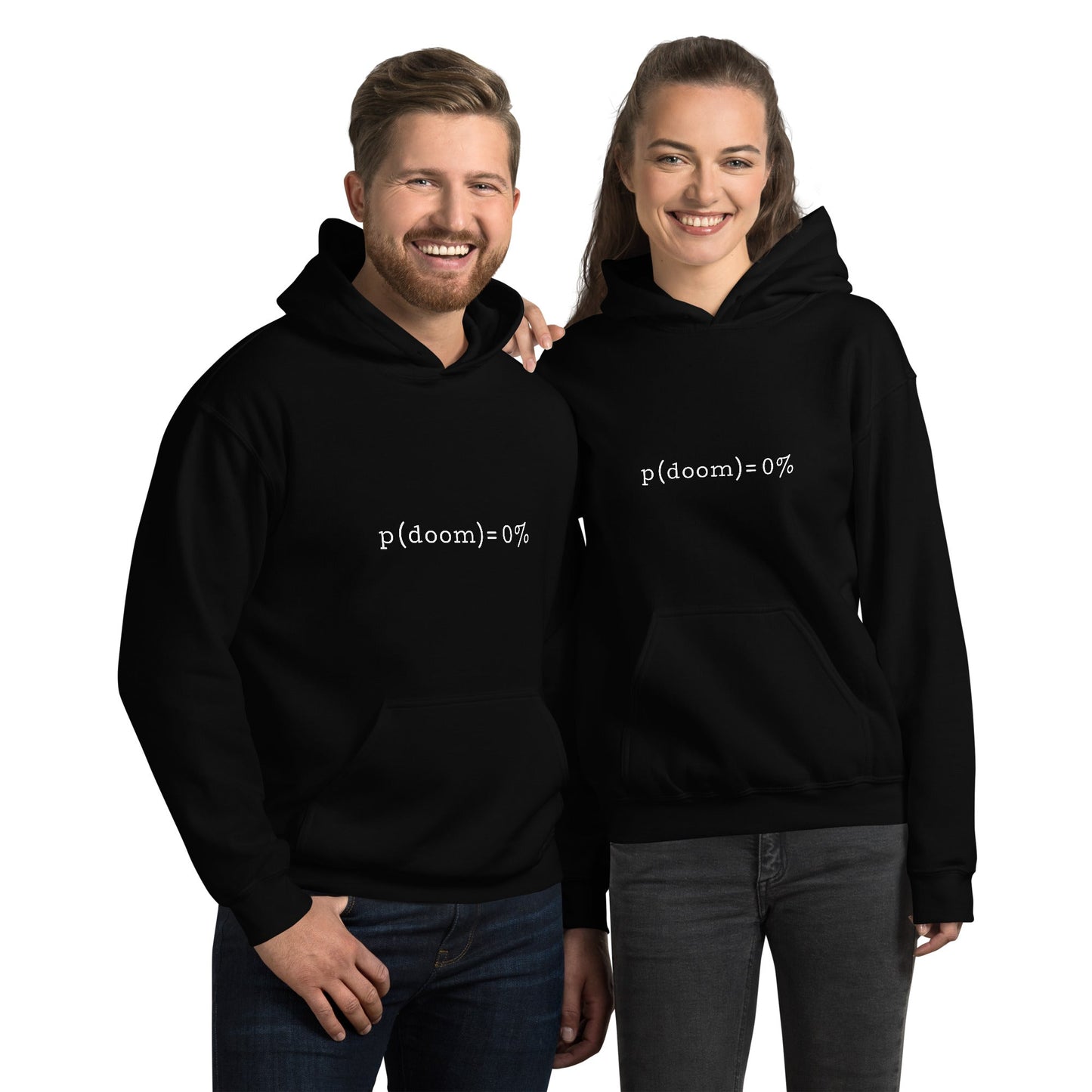 Product mockup photo of the p(doom) = 0% Hoodie (unisex).