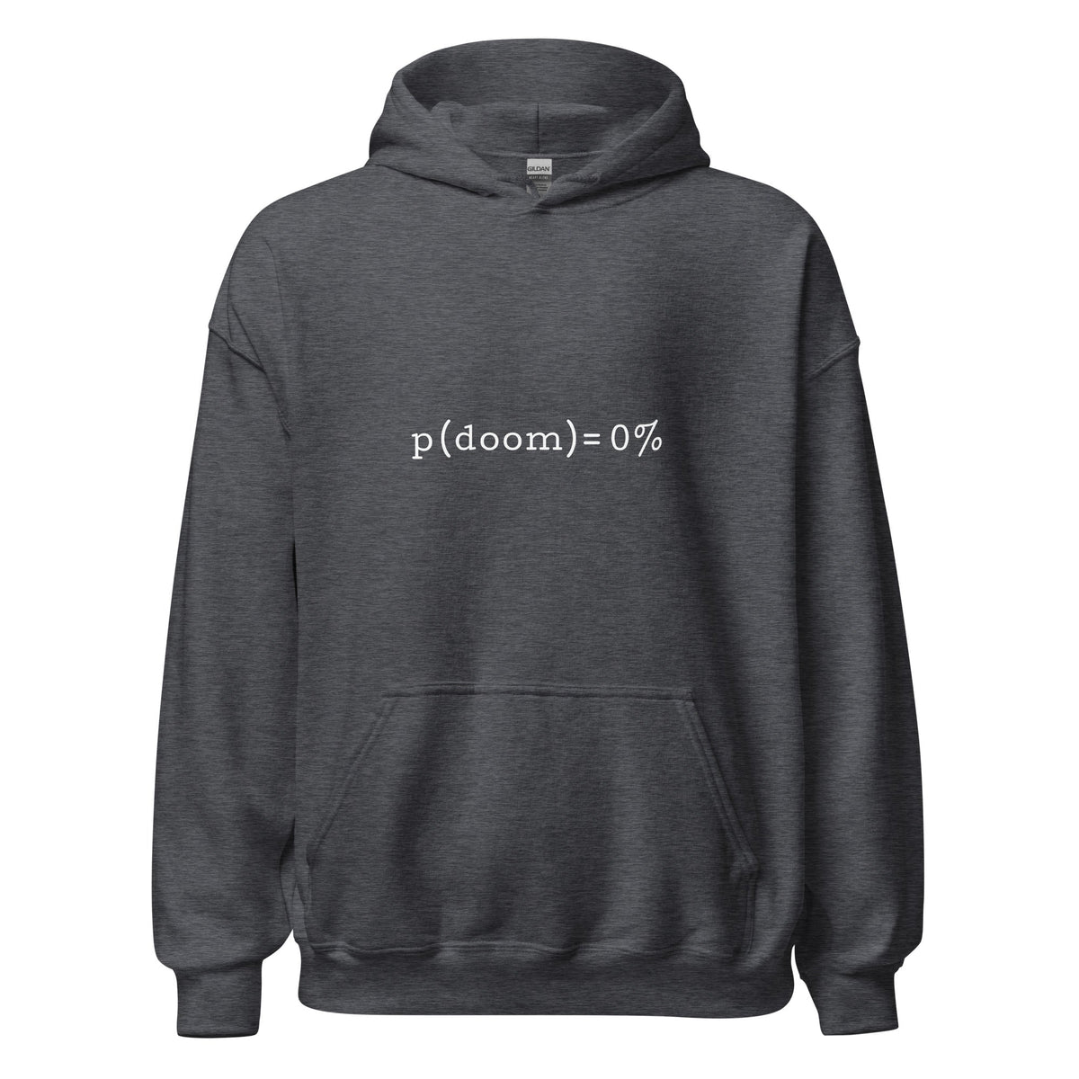 Product mockup photo of the p(doom) = 0% Hoodie (unisex) Dark Heather / M.