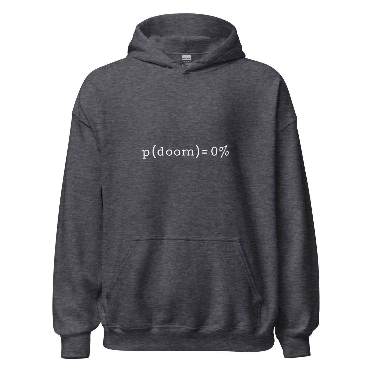 Product mockup photo of the p(doom) = 0% Hoodie (unisex) Dark Heather / M.