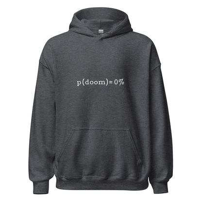 Product mockup photo of the p(doom) = 0% Hoodie (unisex) Dark Heather / M.