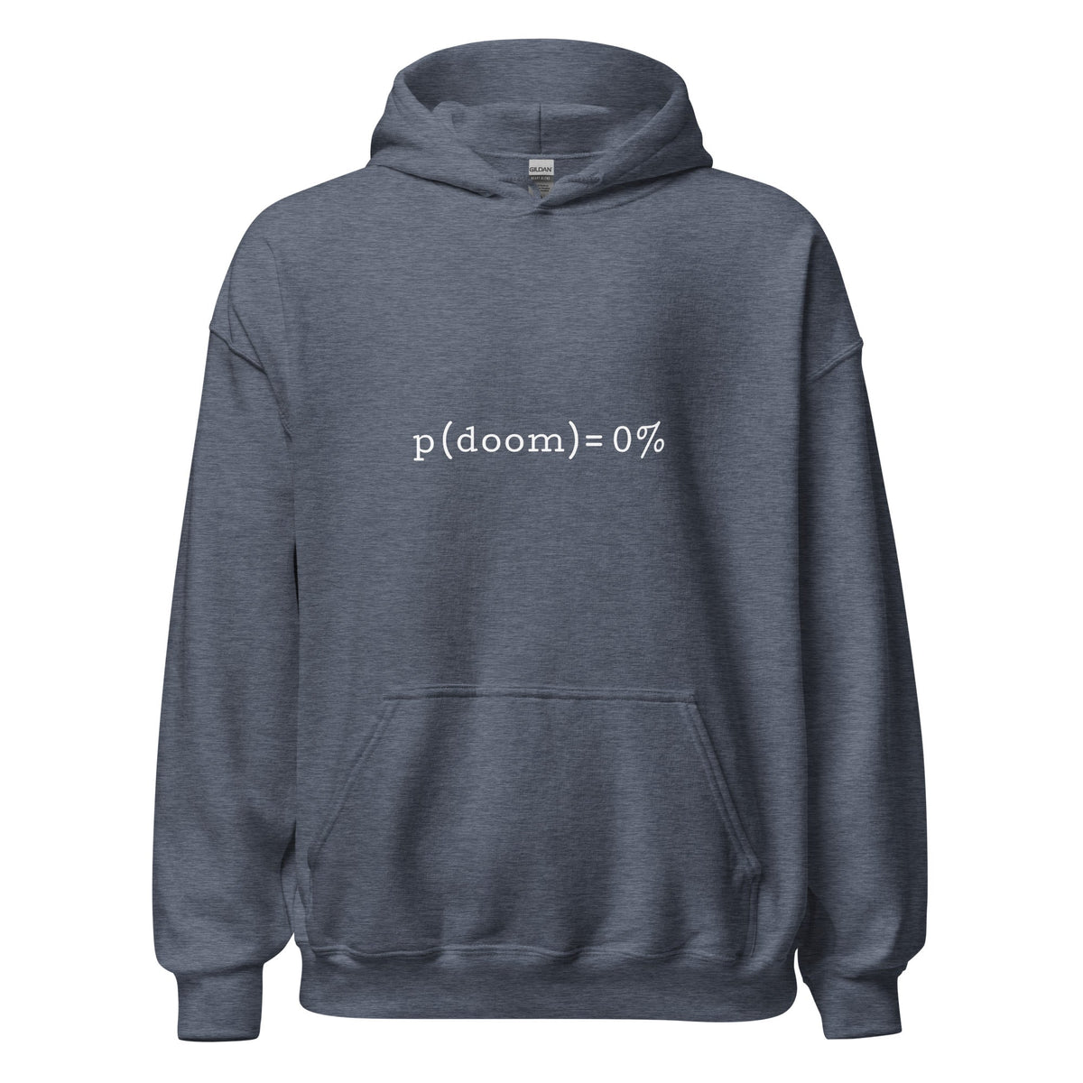 Product mockup photo of the p(doom) = 0% Hoodie (unisex) Heather Sport Dark Navy / M.